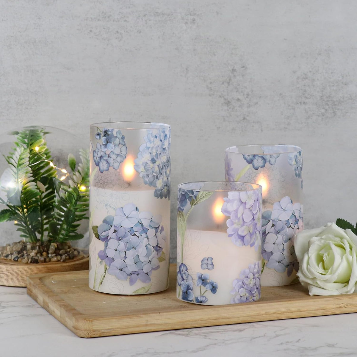 Hydrangea Glass Flameless Candles Batttery Operated Remote Timer