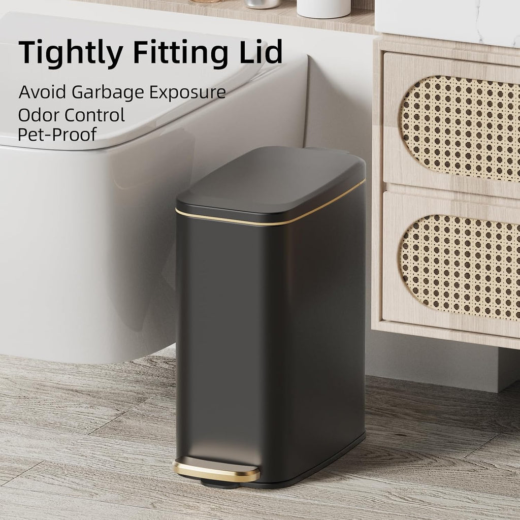 KUK Slim Bathroom Trash Can with Lid, 1.6 Gal / 6L Stainless Steel Small Garbage Bin with Detachable Inner Bucket, Step Pedal, Silent Close, Wastebasket for Toilet, Bedroom, Home, Office (Black)
