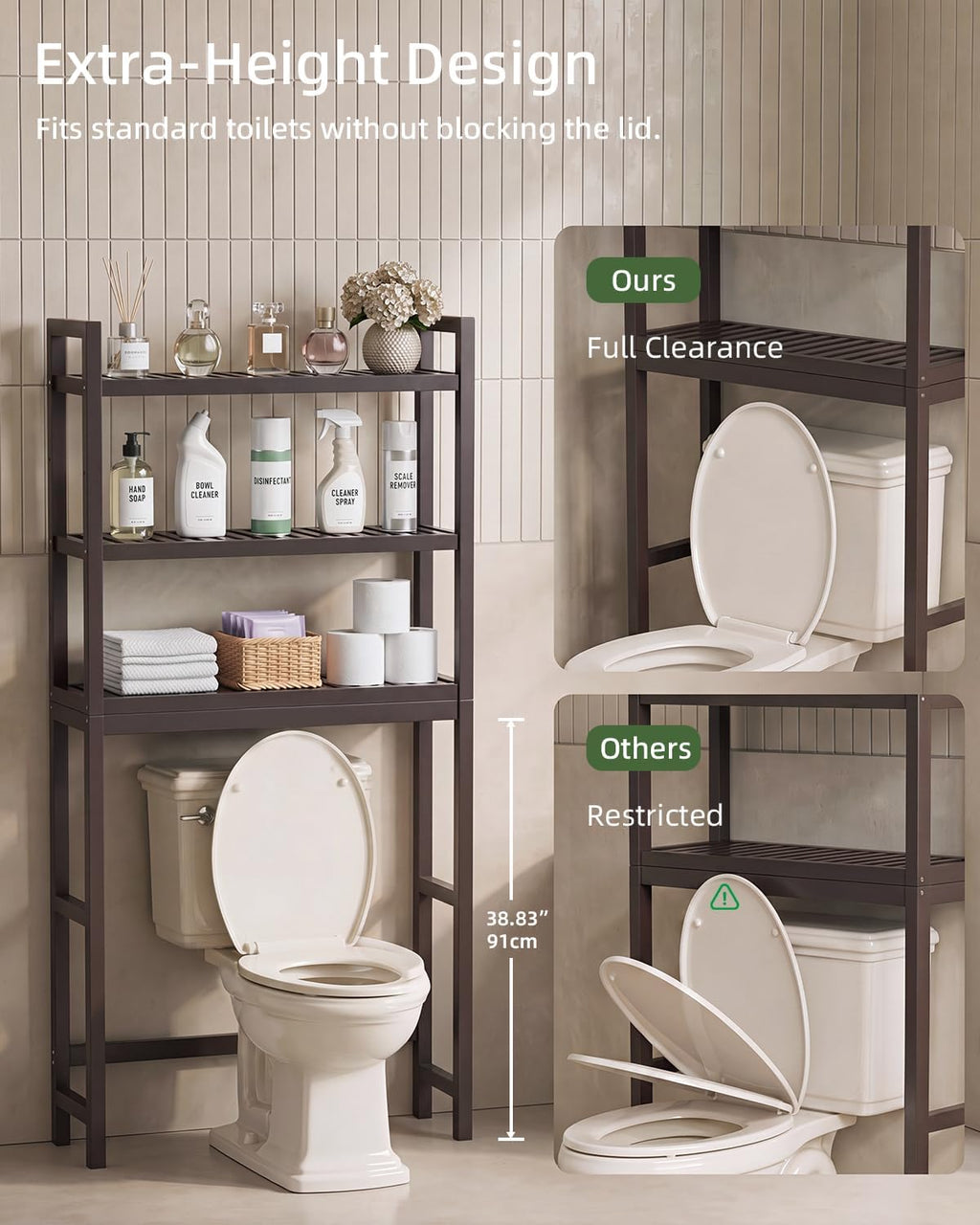 SMIBUY Bathroom Storage Shelf, Bamboo Over-The-Toilet Organizer Rack, Freestanding Toilet Space Saver with 3-Tier Adjustable Shelves (Dark Brown)