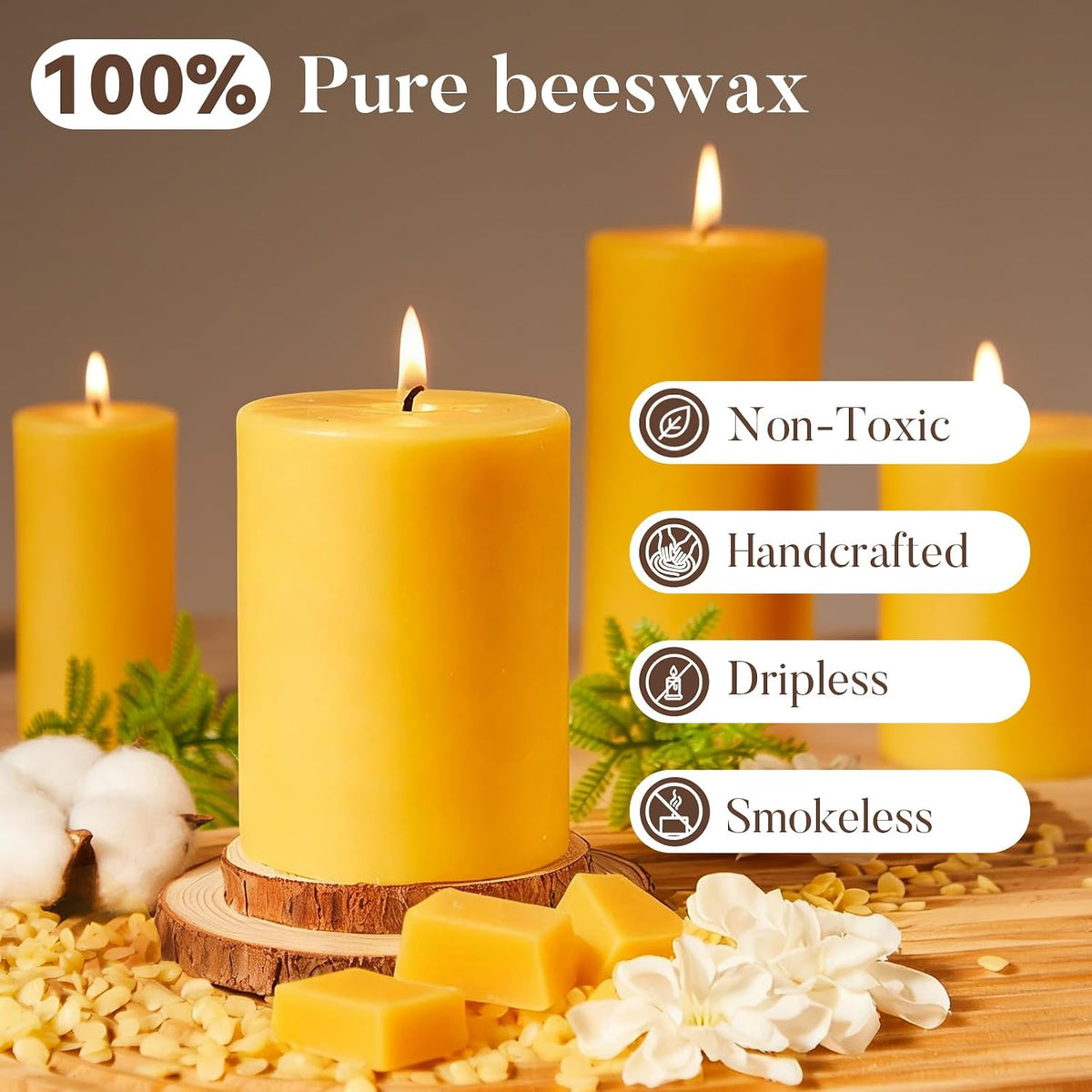 Crenovo 3 Pack Beeswax Pillar Candles,3x4 Inch 100% Pure Organic Natural