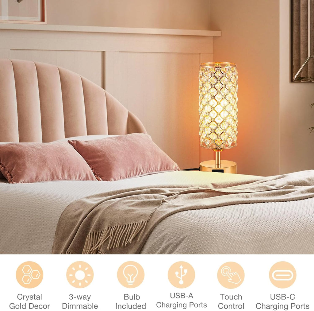 Hong-in Gold Crystal Touch Lamp for Bedroom with USB-C/A, Bulb Included