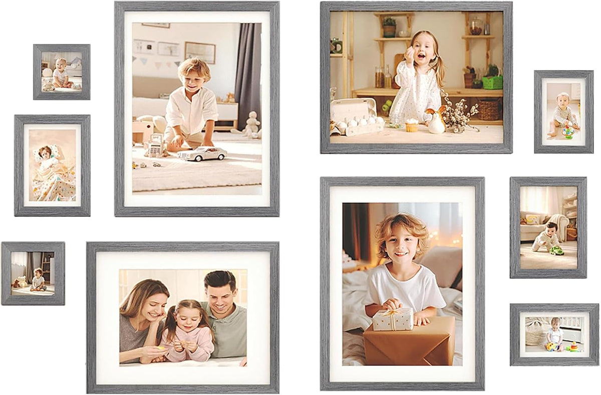 Egofine Picture Frame Set 10 Pack, Collage Wall & Tabletop Decor with Two Sizes - 12x16, 11x14, 5x7, 4x6, 4x4; Solid Wood, Plexiglass Cover, Oak Grey