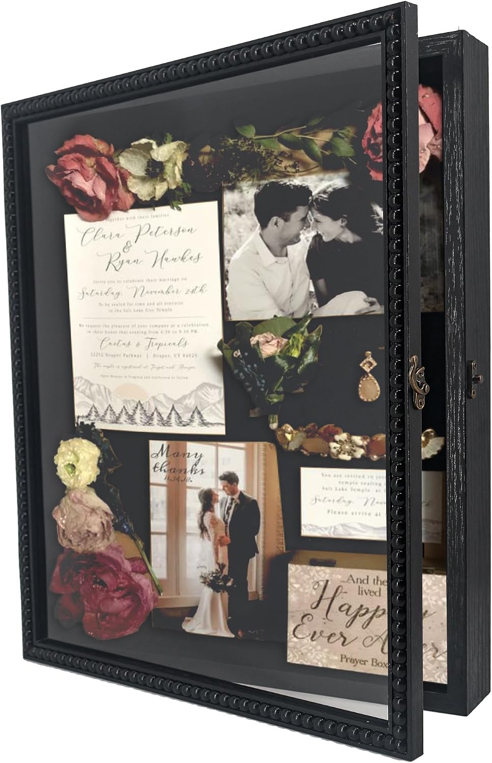 Beaded Shadow Box Frame 13x16, Black Wedding Keepsake Memory Display Case