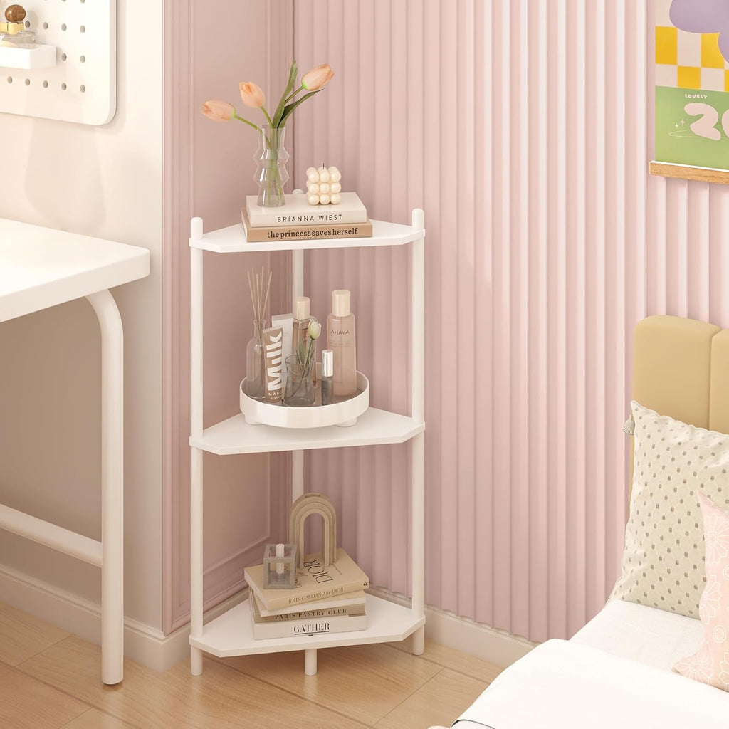 Wisuce White Small Corner Shelf Stand, 3-Tier Bamboo Corner Bookshelf