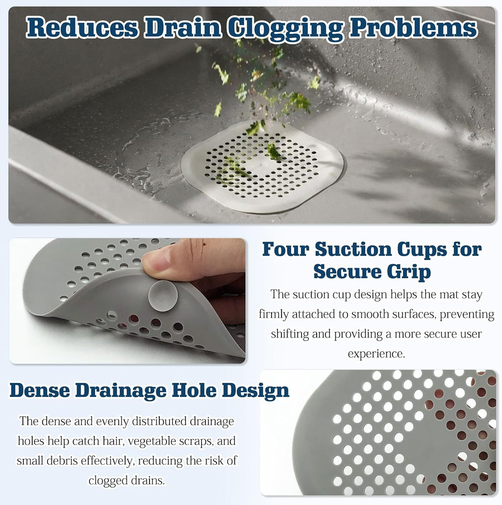 4-Pack Grey Silicone Shower Drain Hair Catchers, Square Drain Covers with Suction Cups, Easy-Clean Hair Stopper for Bathroom, Bathtub, Laundry, and Kitchen Sink