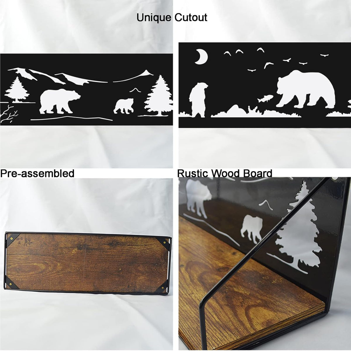 Giftgarden Floating Shelves for Wall with Unique Adorable Bears Cutouts, Rustic Wooden Iron Wall Shelf Bear Decor for Bathroom Cabin Lodge Bedroom Kitchen Living Room Nursery, Black, Set of 2