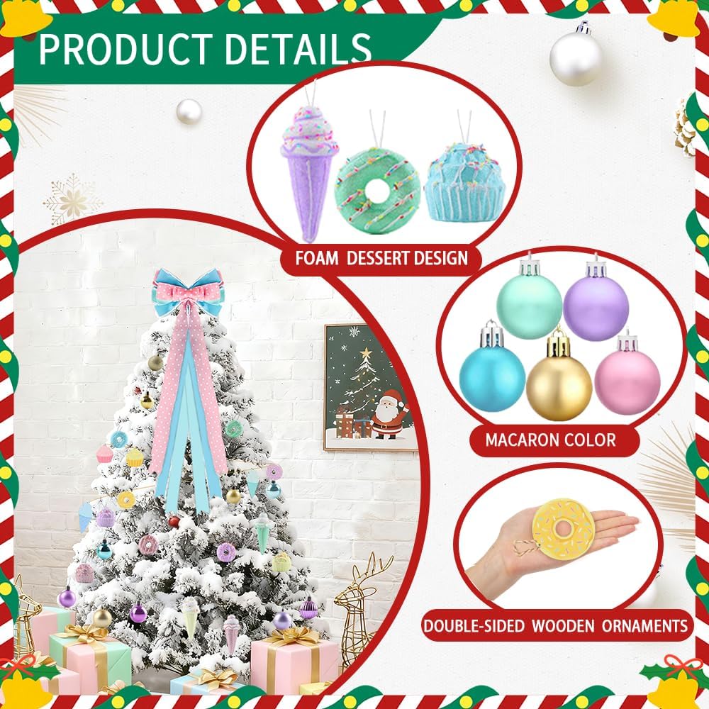 Pastel Candy Christmas Tree Decorations Set,Christmas Macron Ball Ornaments Hanging Ice Cream Gift Macaron Dessert Foam Pendant,Large Tree Topper Wreath Bow,Candy Wood Ornaments