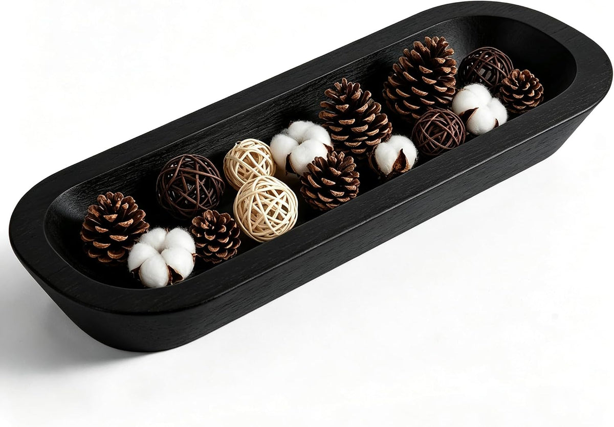 Long Wood Dough Bowl 15.7 x 5.67 x 1.9in Hand Carved Wooden Dough Bowls for Decor Wood Dough Bowls Decorative Wooden Dough Fruits Bowl for Table Centerpiece(black)