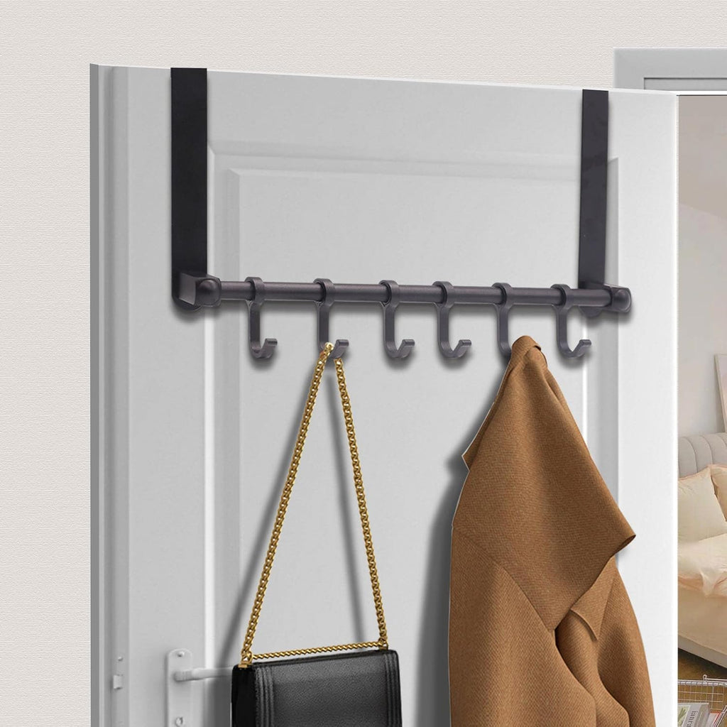 Over The Door Hooks Door Hanger, Moving 6-Hooks Over Door Coat Rack for Hanging, Aluminum Heavy Duty Door Organizer for Towel Robe Hat Bag, Behind Back of Door Bathroom (Black)