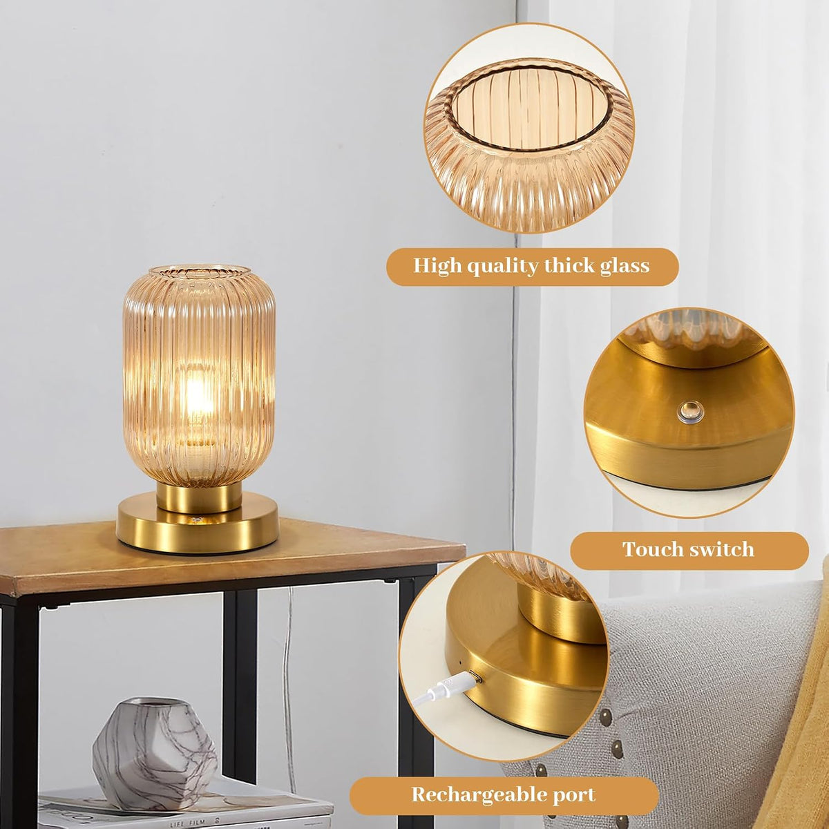 Rechargeable Amber Glass Table Lamp,Vintage Ribbed Bedside Lamp