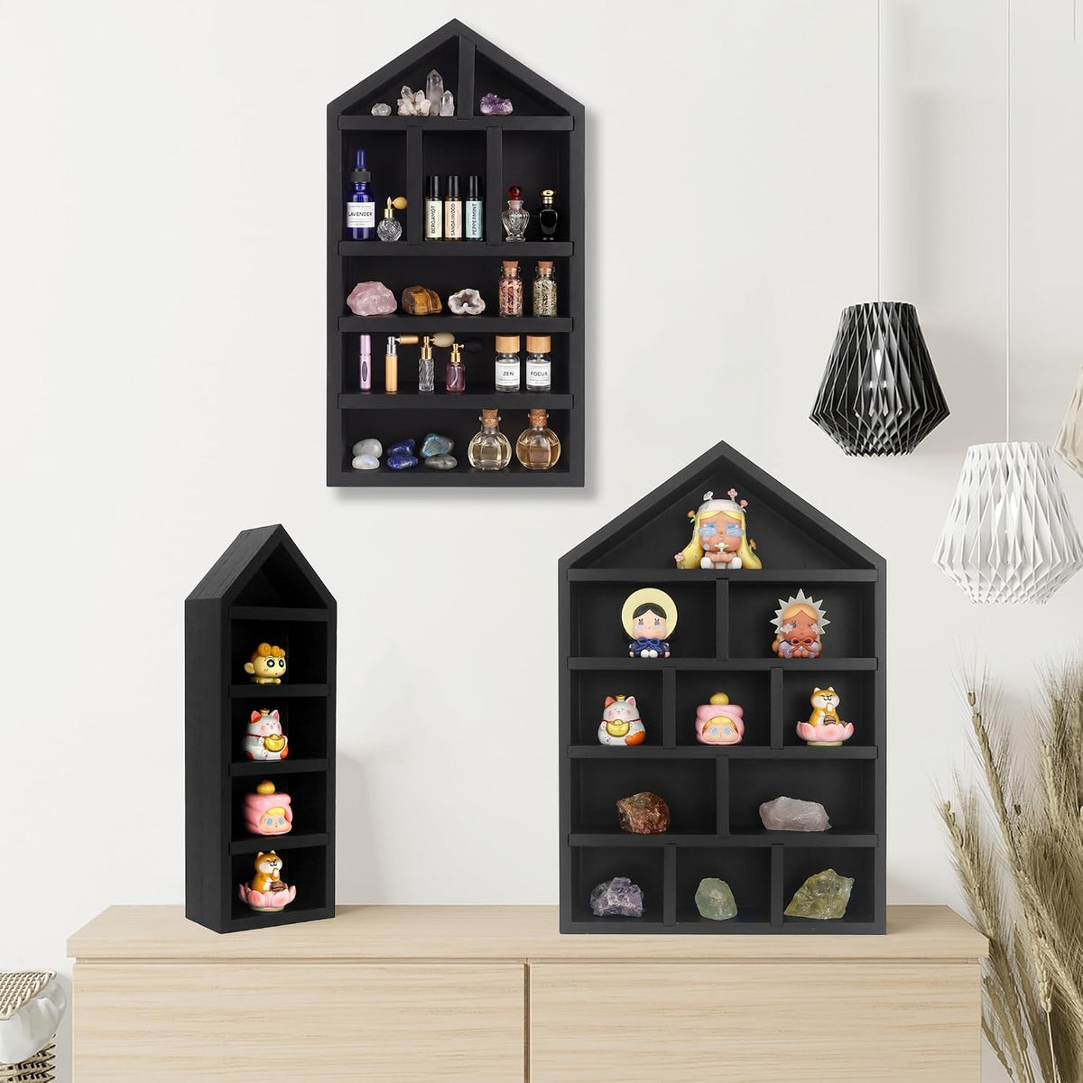 House Shaped Shadow Box with Removeable Shelves,Black,4x12
