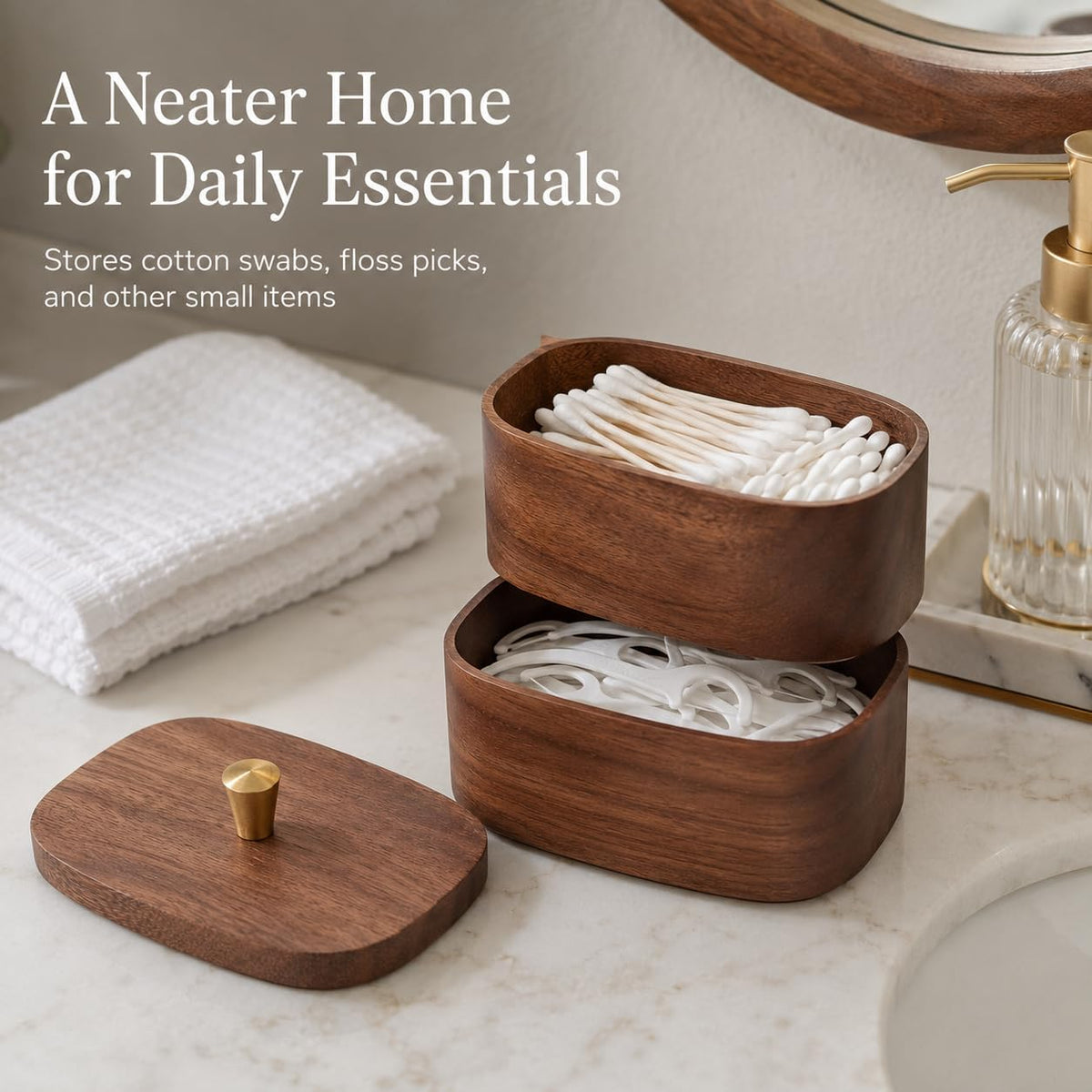 Solid Walnut Bathroom Canister, Cotton Swab and Floss Pick Holder
