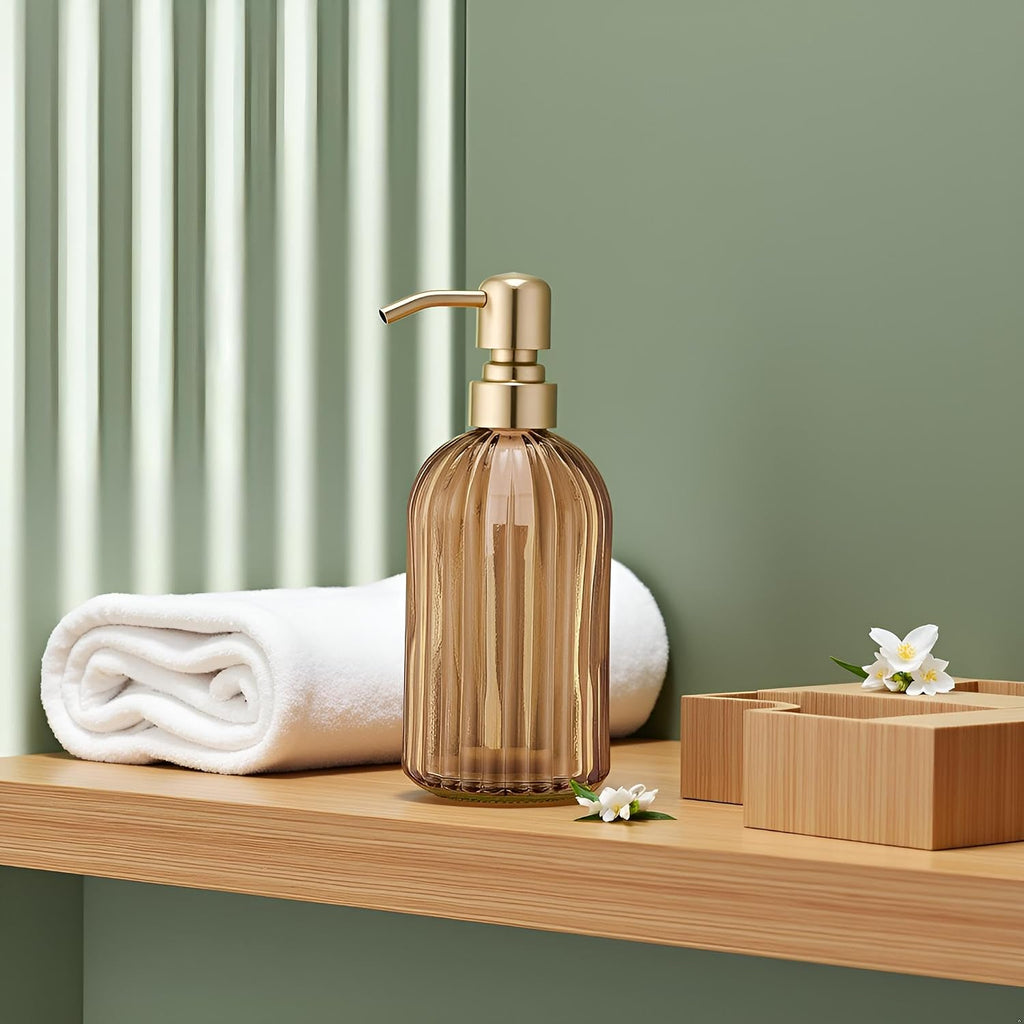 Avola 16 Oz Amber Glass Soap Dispenser,Stainless Steel Brushed Gold Pump Vertical Stripes Design for Bathroom Hand Soap & Kitchen Dish Soap,Brown Liquid Soap Dispenser for Countertops