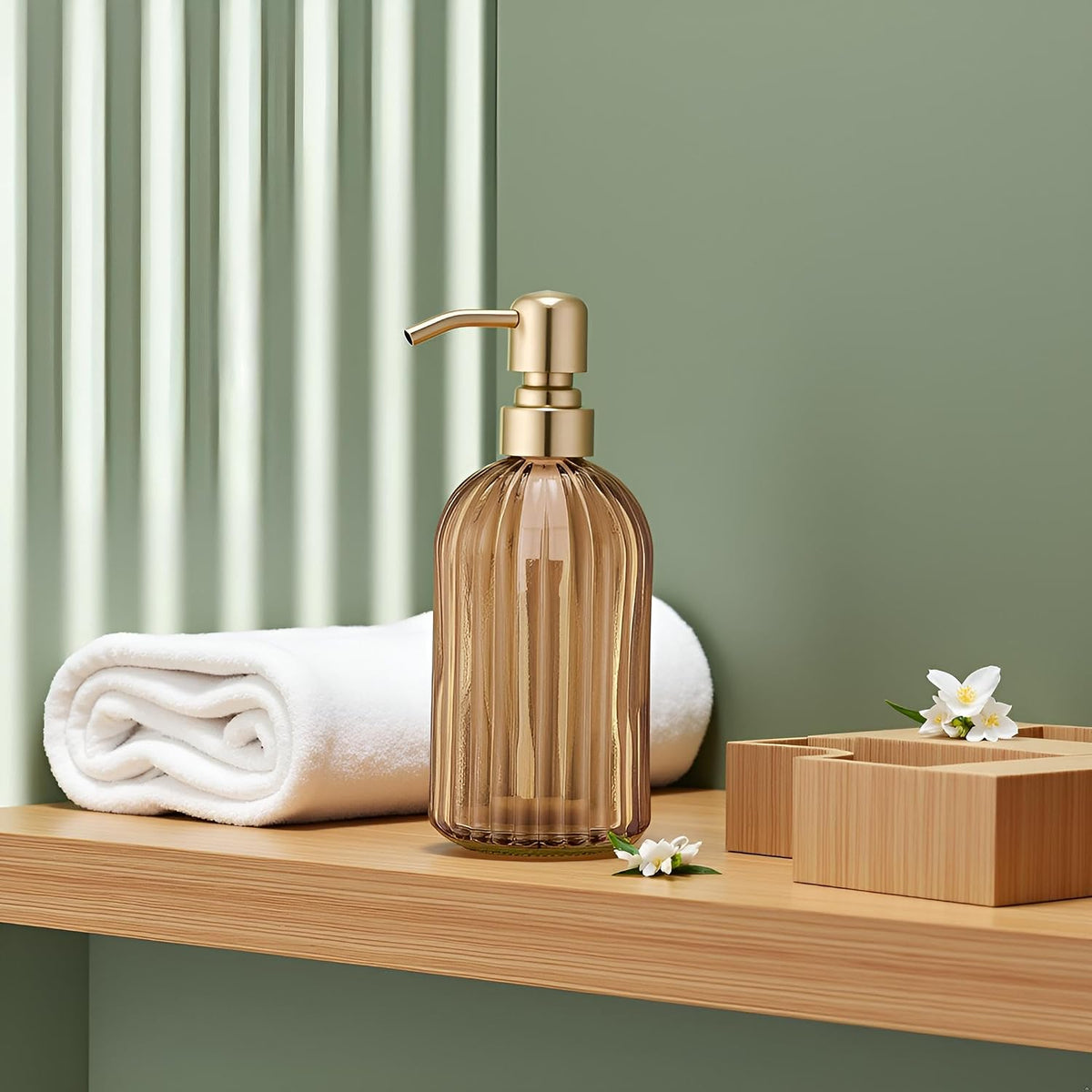 Avola 16 Oz Amber Glass Soap Dispenser,Stainless Steel Brushed Gold Pump Vertical Stripes Design for Bathroom Hand Soap & Kitchen Dish Soap,Brown Liquid Soap Dispenser for Countertops