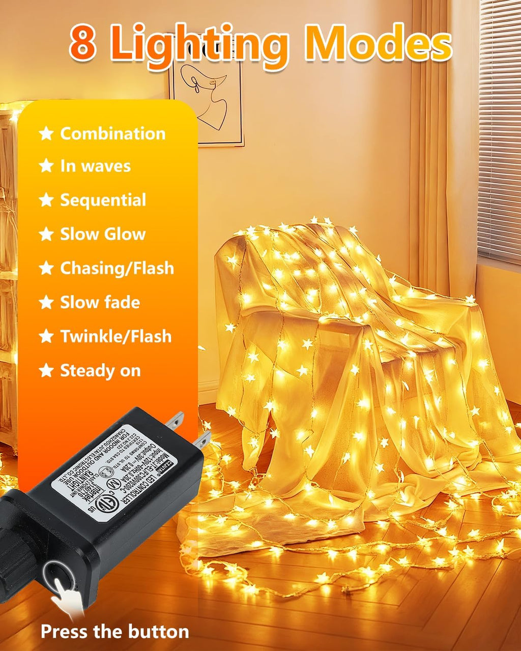 Twinkle Star 2 Pack 100 LED Star String Lights, Warm White