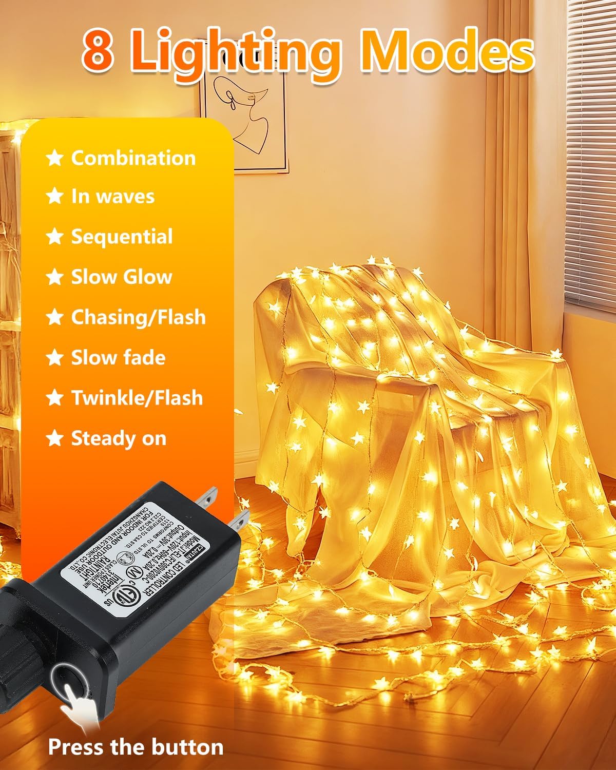Twinkle Star 2 Pack 100 LED Star String Lights, Warm White
