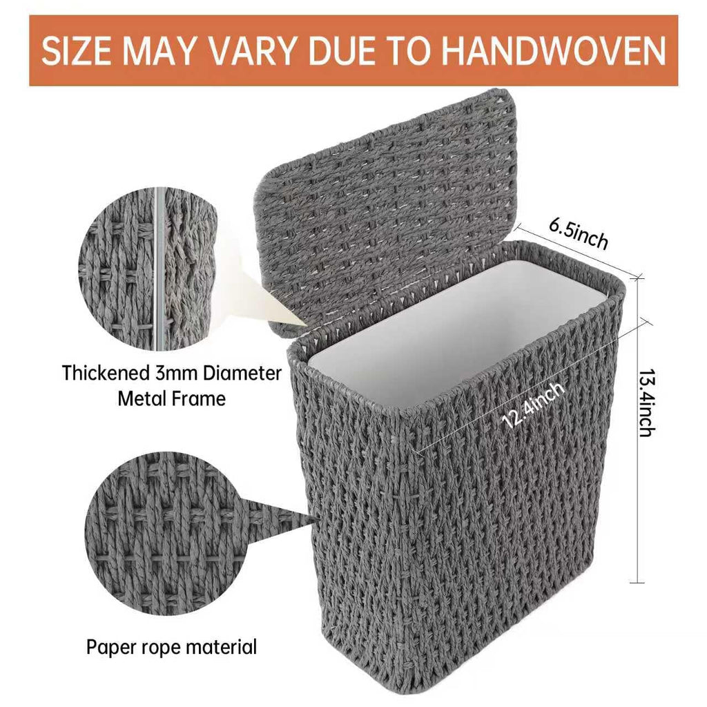 Coeusy 3 Gallon Paper Rope Bathroom Trash Can,Small Wicker Trash Cans with Lid and Liner,Woven Rattan Narrow Waste Basket for Bedroom,Office,Grey