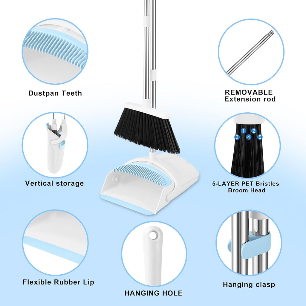 BSKLIN Broom and Dustpan Set, Broom with Dustpan Combo Set with Teeth to Clean Pet Hair 52-in Long Adjustable Handle Broom for Home Office Kitchen Lobby (White&Blue)