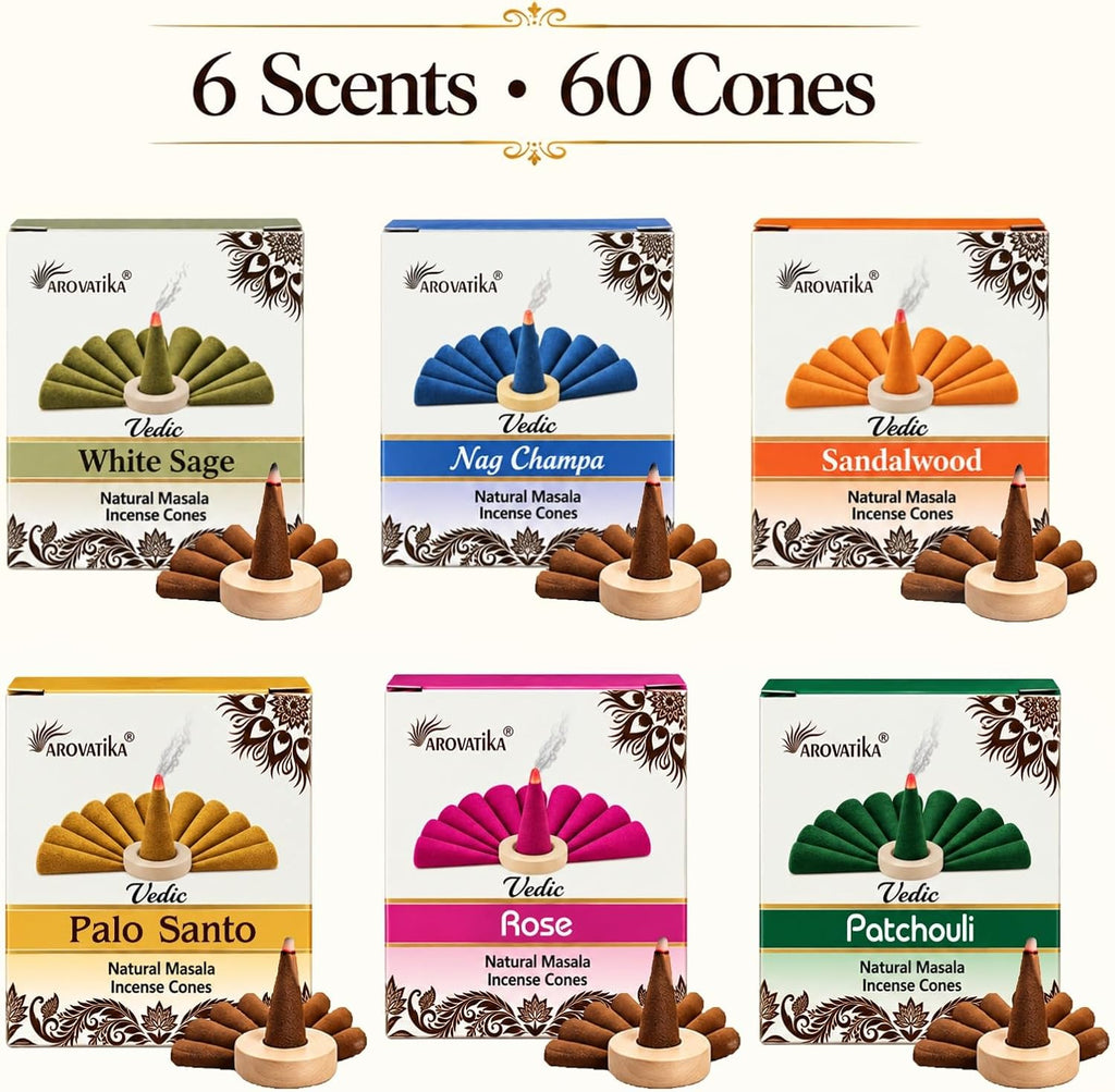 ARO VATIKA Vedic Incense Cones Variety Pack of 6 (Nag Champa, Palo Santo, Rose, White Sage, Sandalwood & Patchouli), Natural Non-Toxic Dhoop Cones for Meditation, Yoga, Relaxation & Home Fragrance