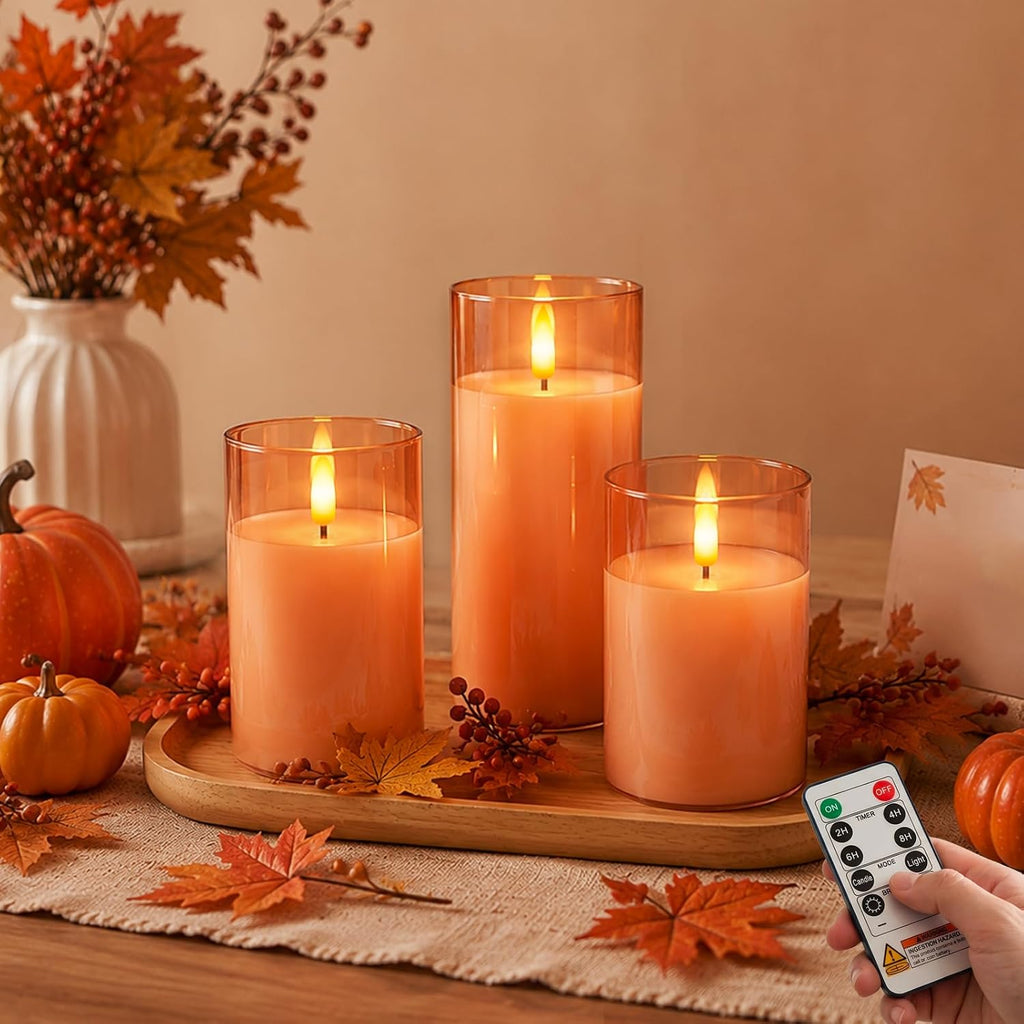 Amagic Orange Halloween Glass Flameless LED Pillar Candle with Remote Timer
