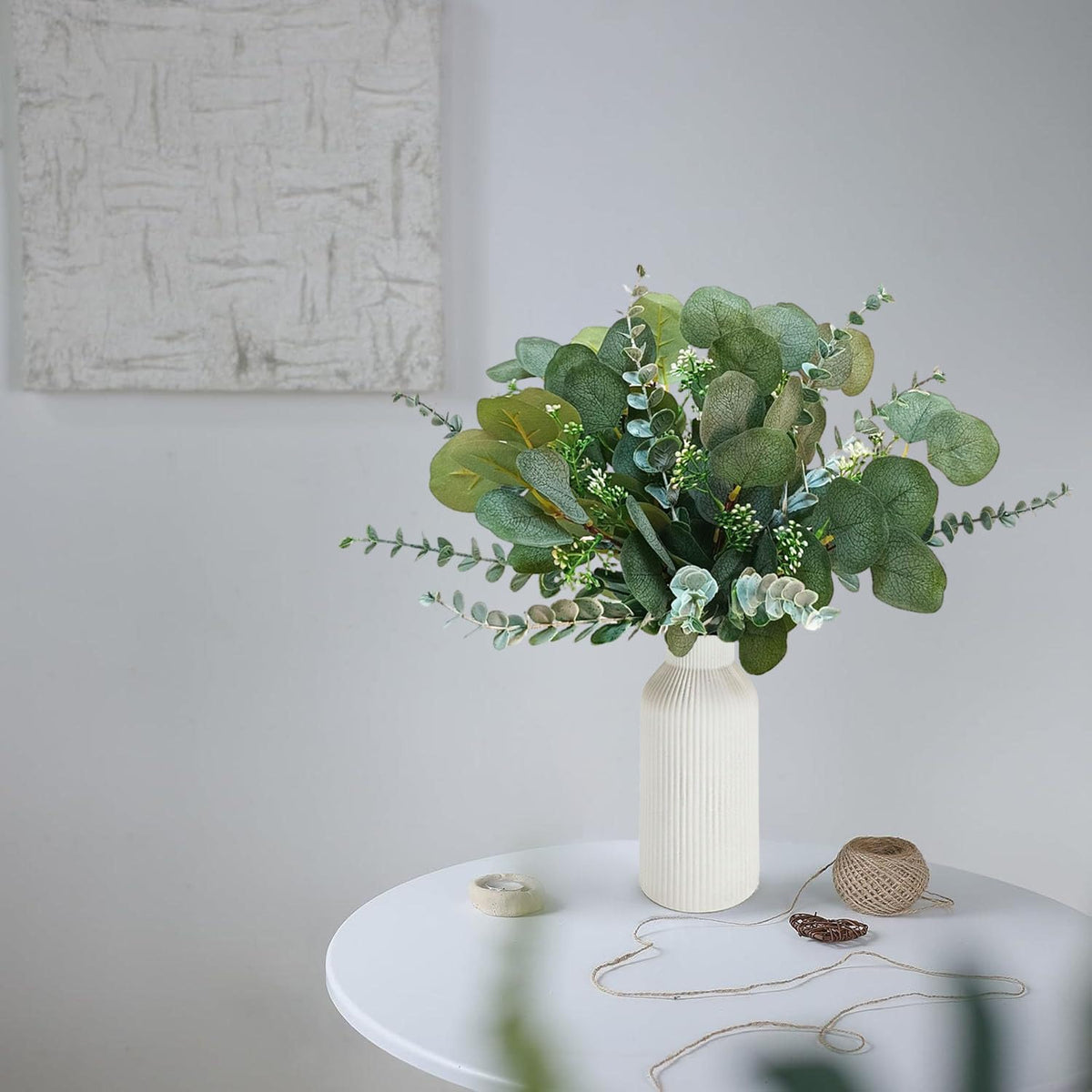 Eucalyptus Vase, 20pcs Artificial Eucalyptus Stems in White Vase, Eucalyptus Plant for Home Decor, Fake Plants for Farmhouse Table Centerpiece, Home Office Kitchen Bathroom Decor