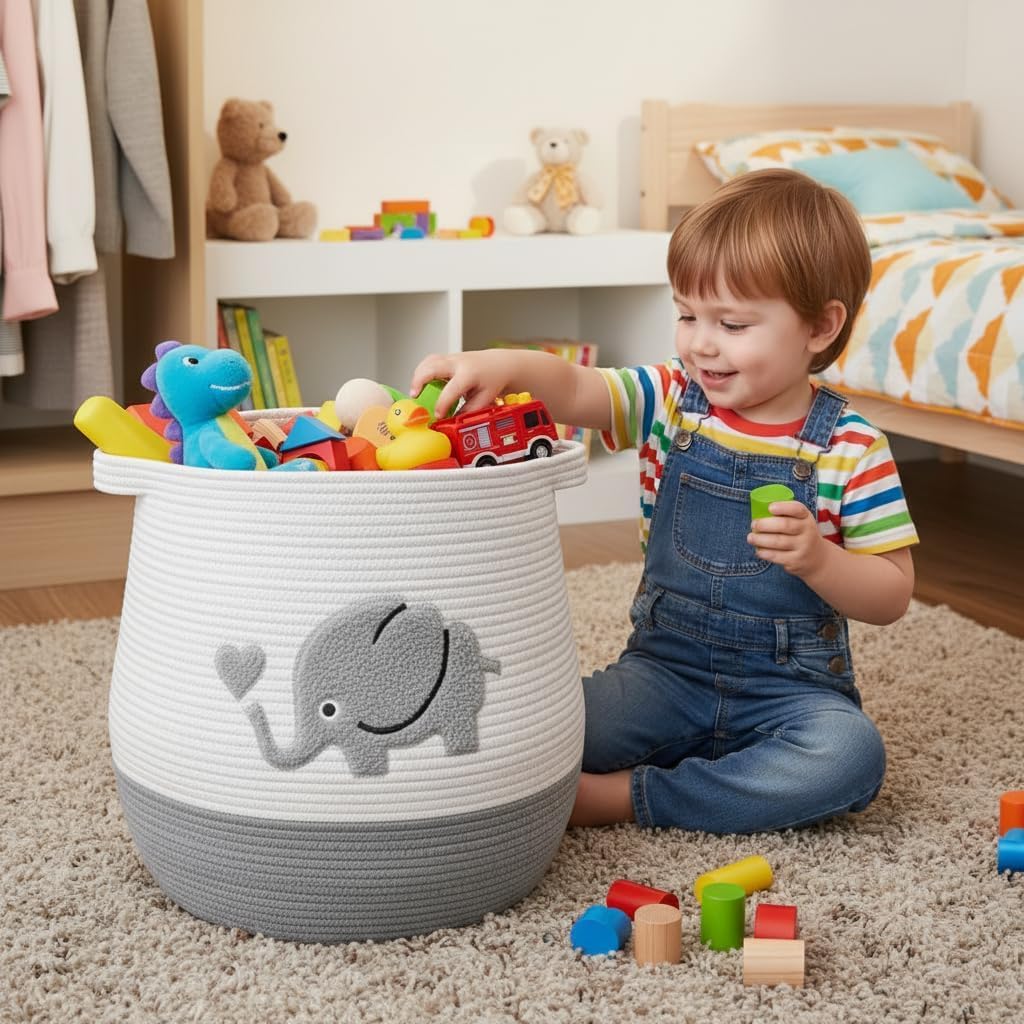 Large Baby Laundry Hamper, Gray Elephant Laundry Basket for Baby, Toy and Blanket Storage Basket for Nursery and Playroom, Cotton Rope Hamper for Kids, 17.7"x15.7"