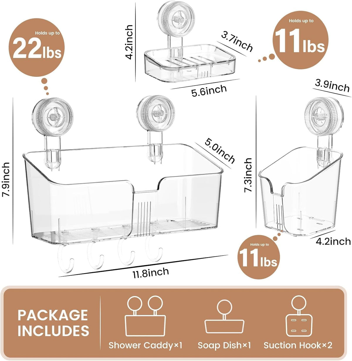 LUXEAR Suction Cup Shower Caddy Clear - 3 Set