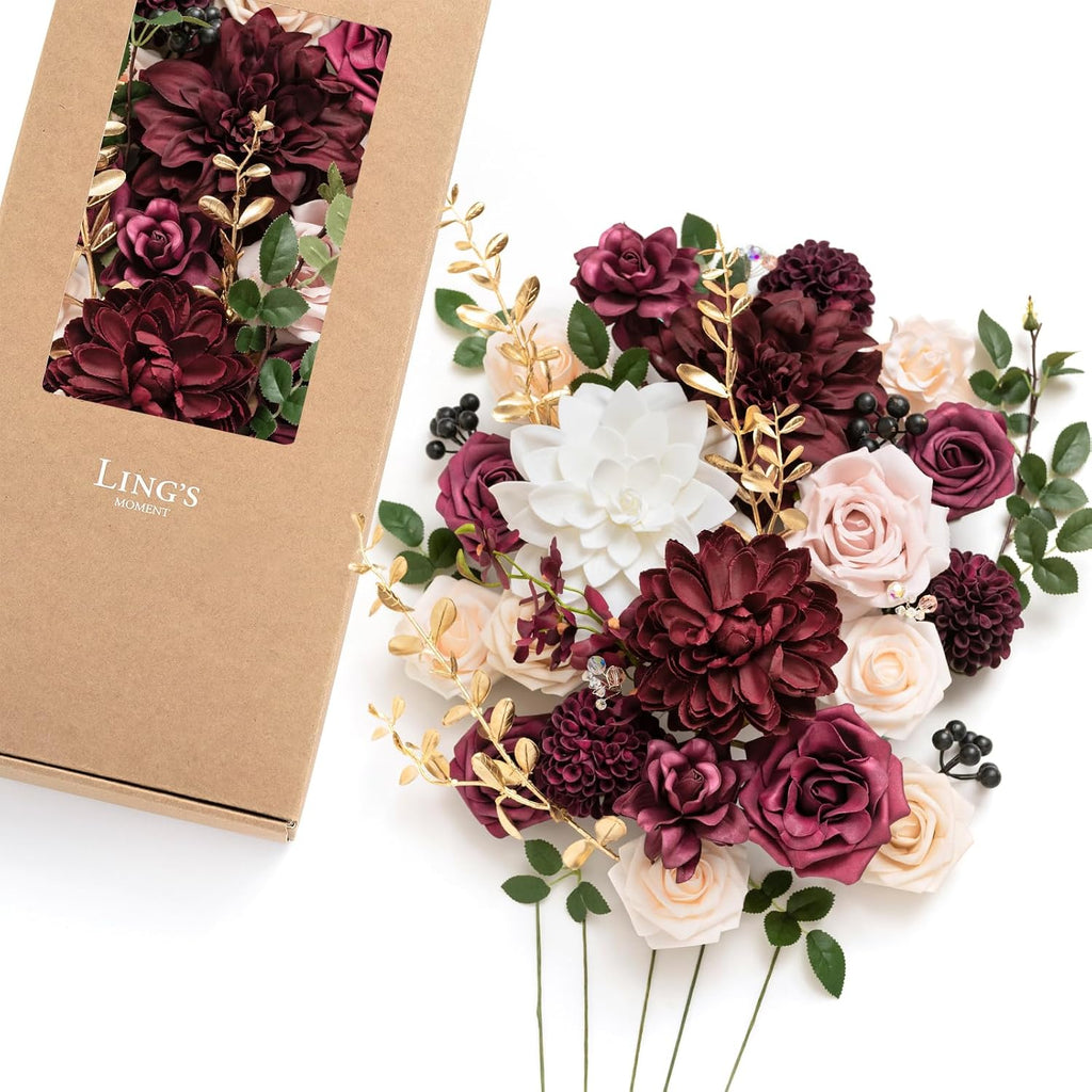 Ling's moment Artificial Wedding Flowers Combo, Marsala&Soft Peach, Deluxe