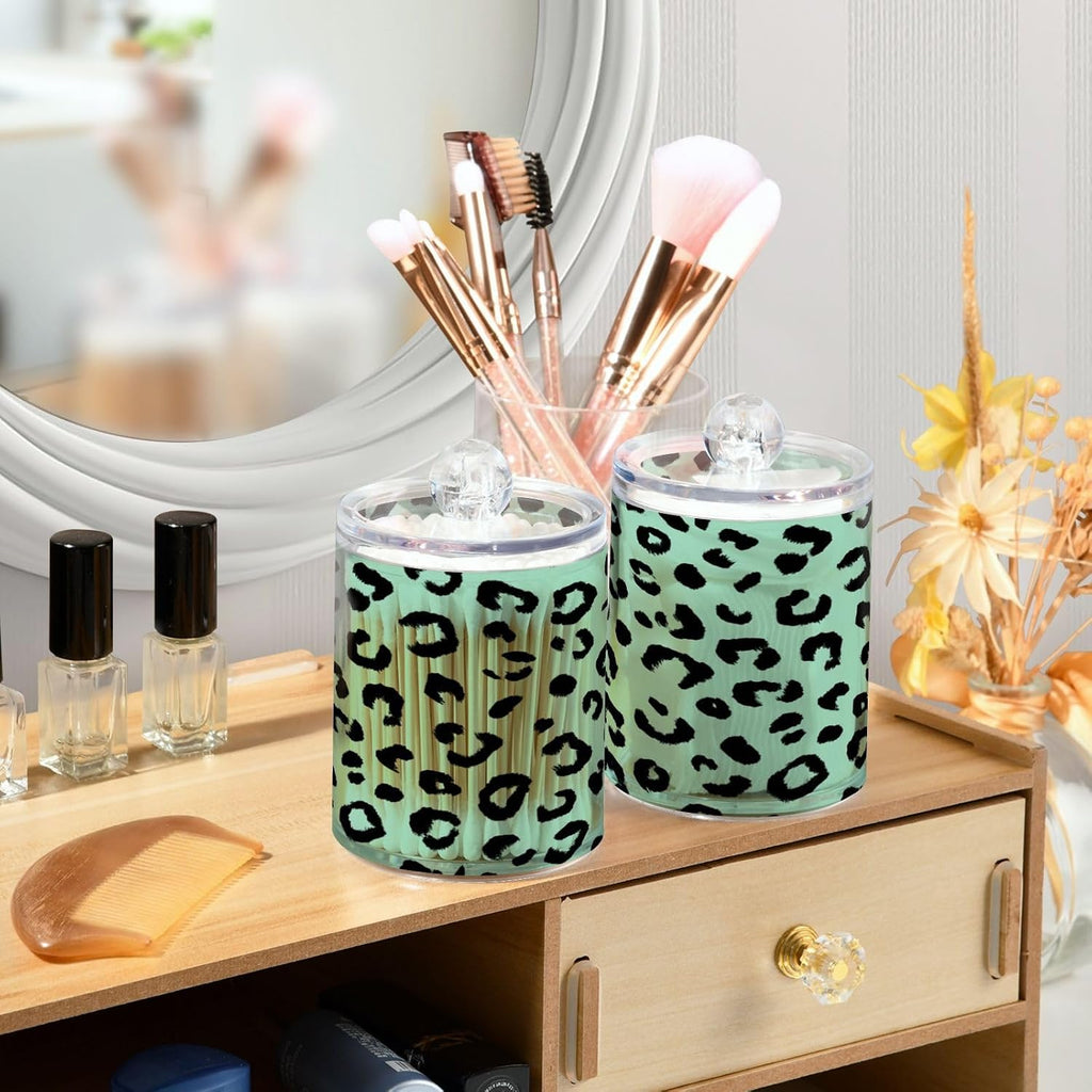 Green Black Leopard Print Qtip Holder Acrylic for Cotton Ball Swab 2 Packs