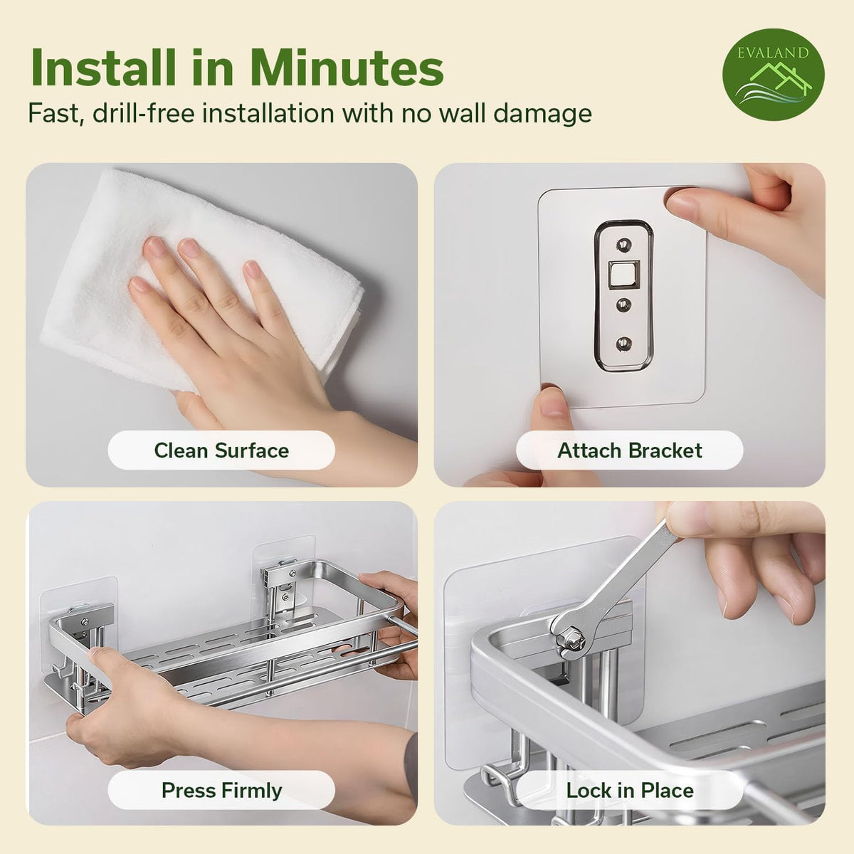 EVALAND Self Adhesive Shower Caddy Organizer 2-Pack No-Drill Storage