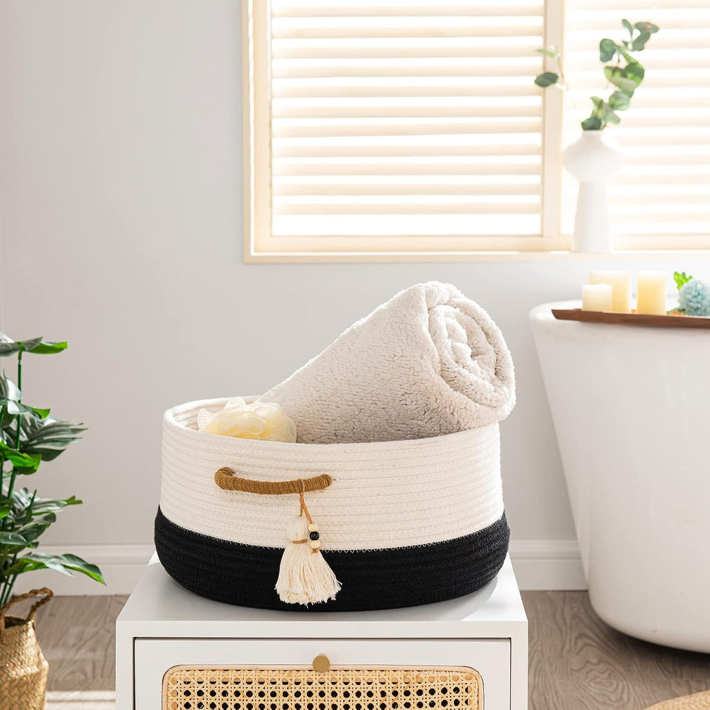 KAKAMAY Woven Baskets for Storage(16"x8"),Blanket Basket for Organizing Living Room,Cotton Rope Basket Woven Baby Laundry Hamper,Collapsible Laundry Room Organization,Clothes,Toy Chest(Black)