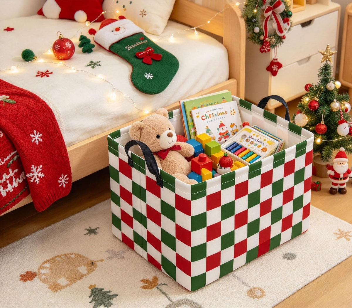 Rectangular Christmas Basket Fabric Storage Bin Boxes Collapsible Storage Basket for Clothes Books Shelves(Red Green Checkered)