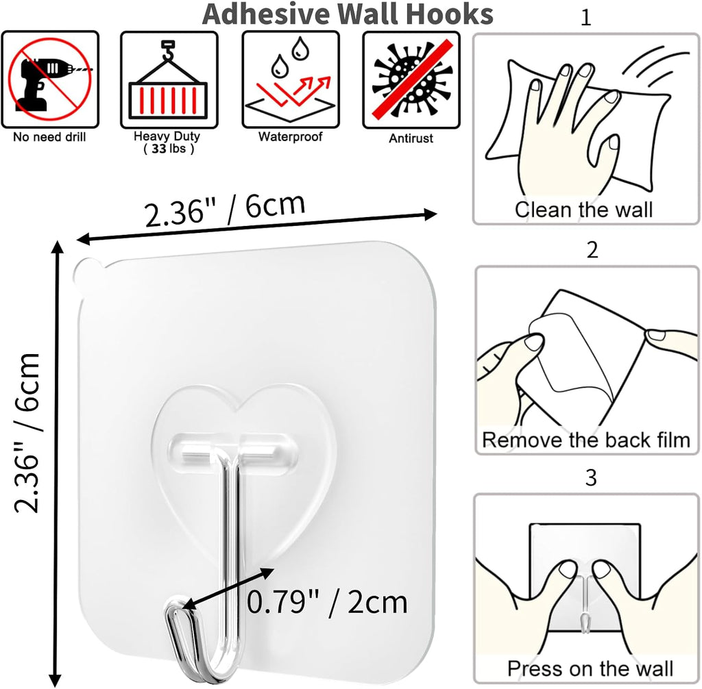 DGYB 20 Pcs Clear Adhesive Hooks for Hanging 22lb Self Adhesive Wall Hooks Heavy Duty Waterproof Transparent Sticky Hooks for Shower Home Bathroom Kitchen Office