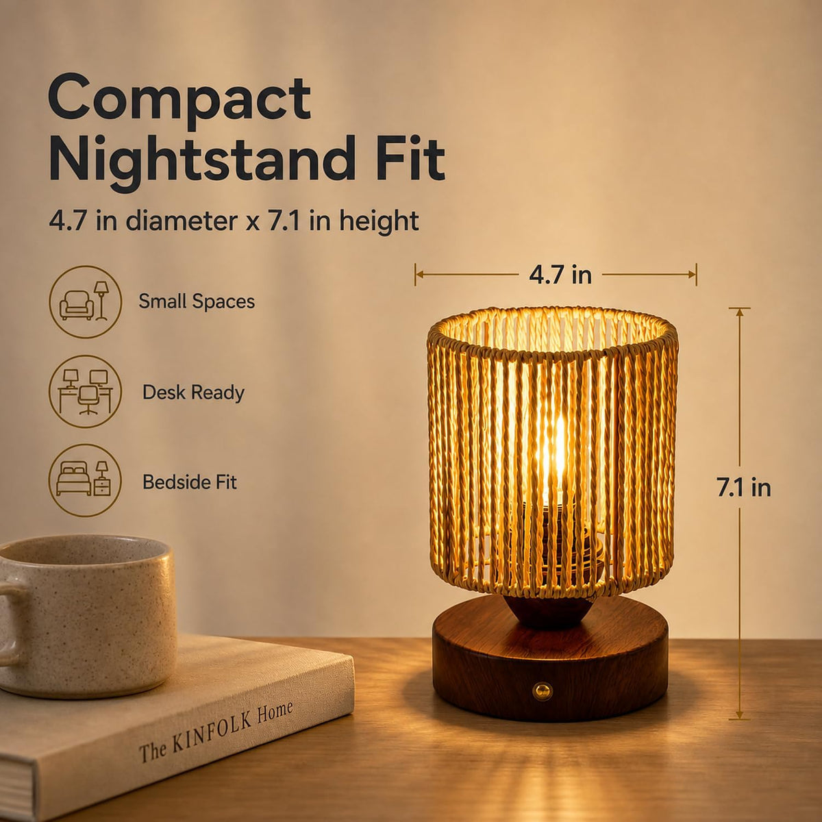 Cordless Rattan Table Lamp, 5000mAh Rechargeable Battery Operated Bedside Lamp with Edison Bulb, Stepless Dimmable Boho Cylinder Desk Light for Bedroom Living Room