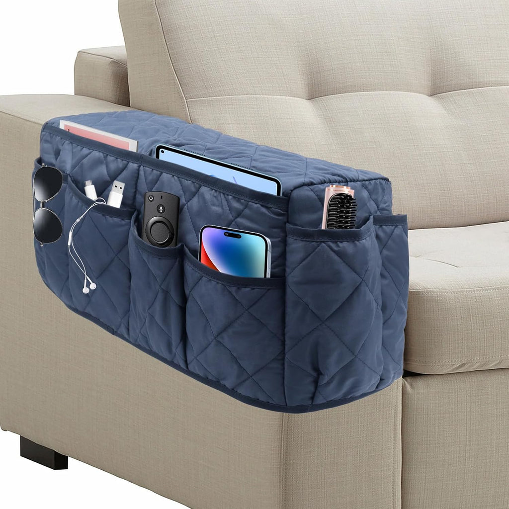 Remote Control Holder for Armchair, TV Remote Holder Arm Chair Caddy for Recliner, Non-Slip Couch Caddy Recliner Arm Caddy Sofa Armrest Organizer with 14 Pockets for Phone, Magazine, Navy Blue