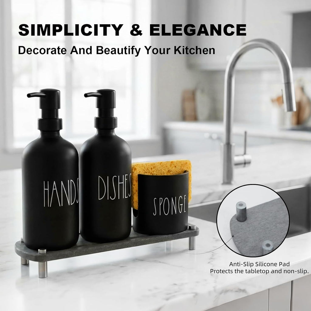 Hand and Dish Soap Dispenser Set, Kitchen Soap Dispenser Set with Sponge Holder, Black Glass Dish Soap Dispenser for Kitchen with Pump, Instant Dry Tray, 17 fl oz Farmhouse Kitchen Decor