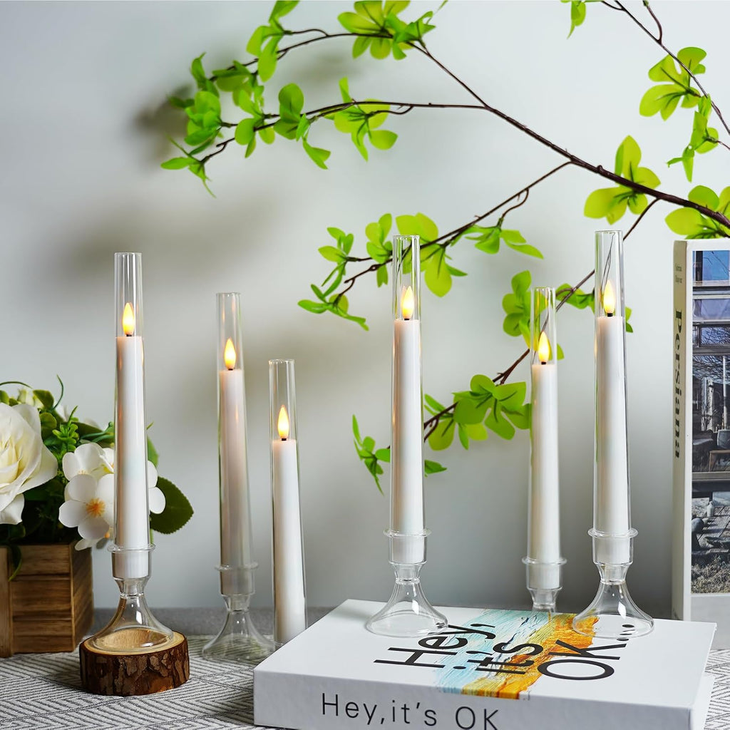 MUMCHASI White Flameless Candles, Battery Operated Taper Candles for Wedding, 6 Pcs LED Candlesticks, Acrylic Flickering Candlelights with Remote for Home Table Wedding Party Decor H9.45”