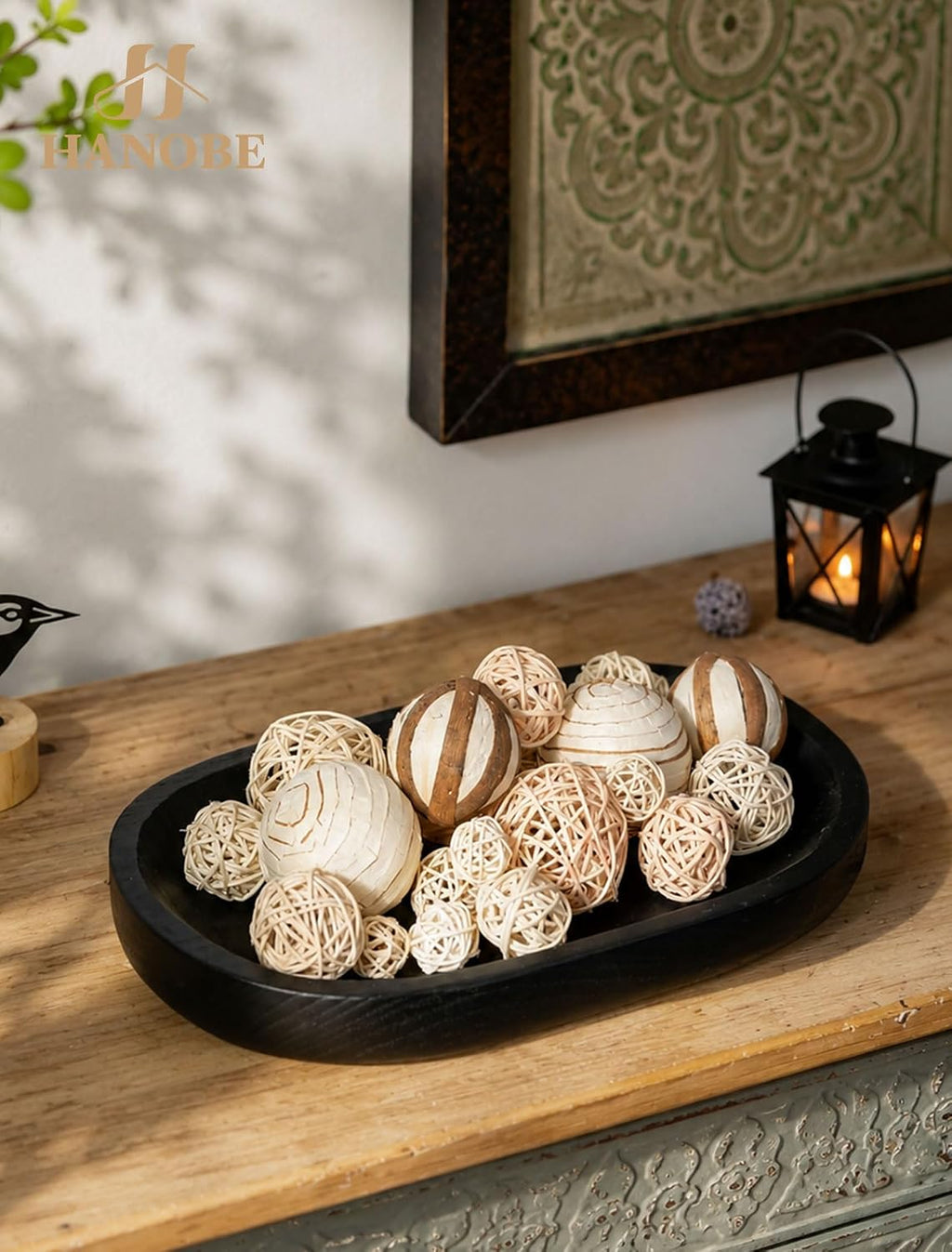 Hanobe Wooden Decorative Key Bowl for Coffee Table Decor, Rustic Black
