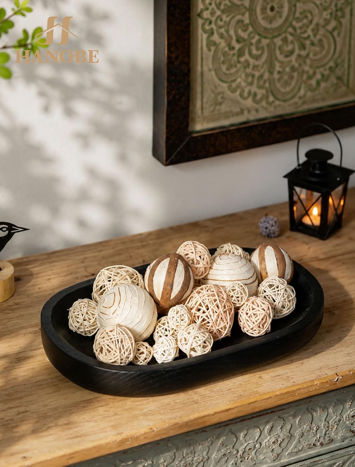 Hanobe Wooden Decorative Key Bowl for Coffee Table Decor, Rustic Black