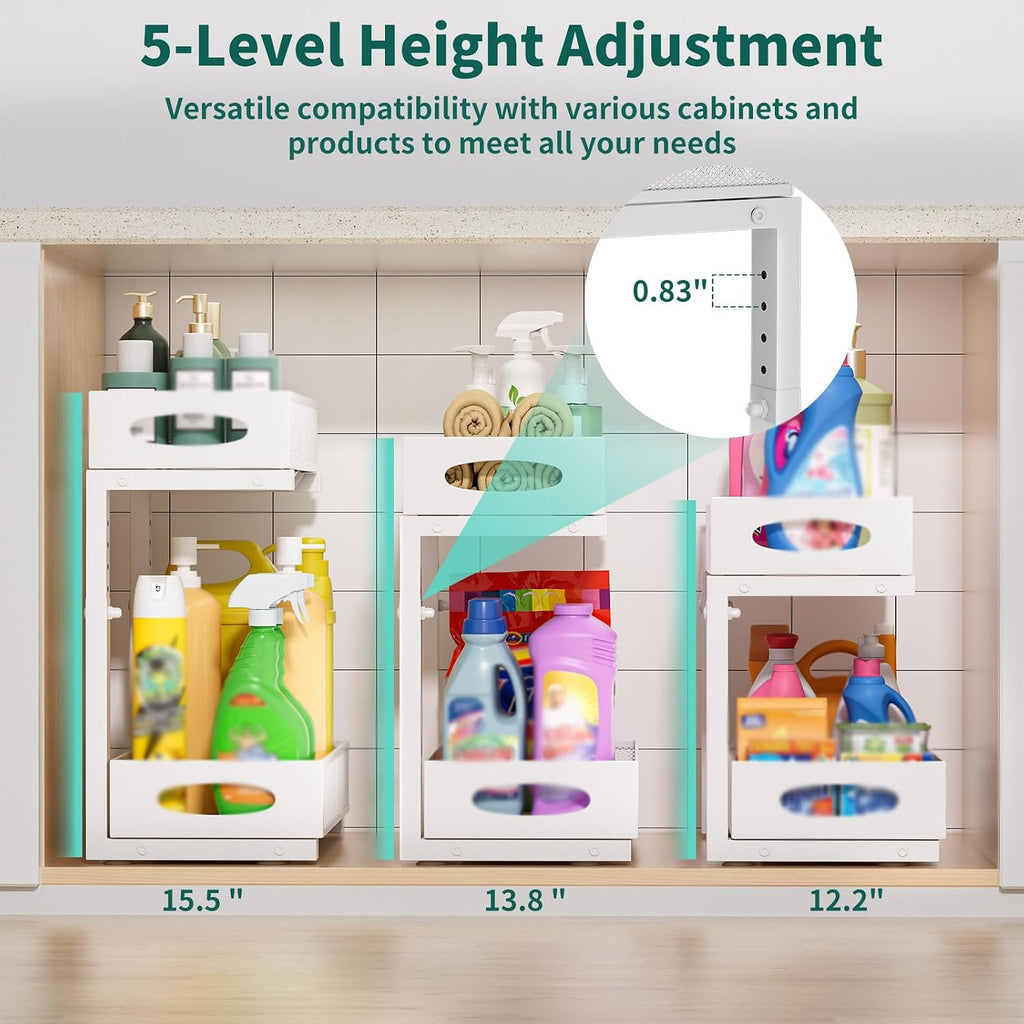 Under Sink Organizer, 2 Pack 2 Tier Metal Slide Out Pull Out Cabinet Organizer Shelf, Height Adjustable Organization and Storage Series, Bathroom/Desktop/Cabinet/Kitchen organization, White