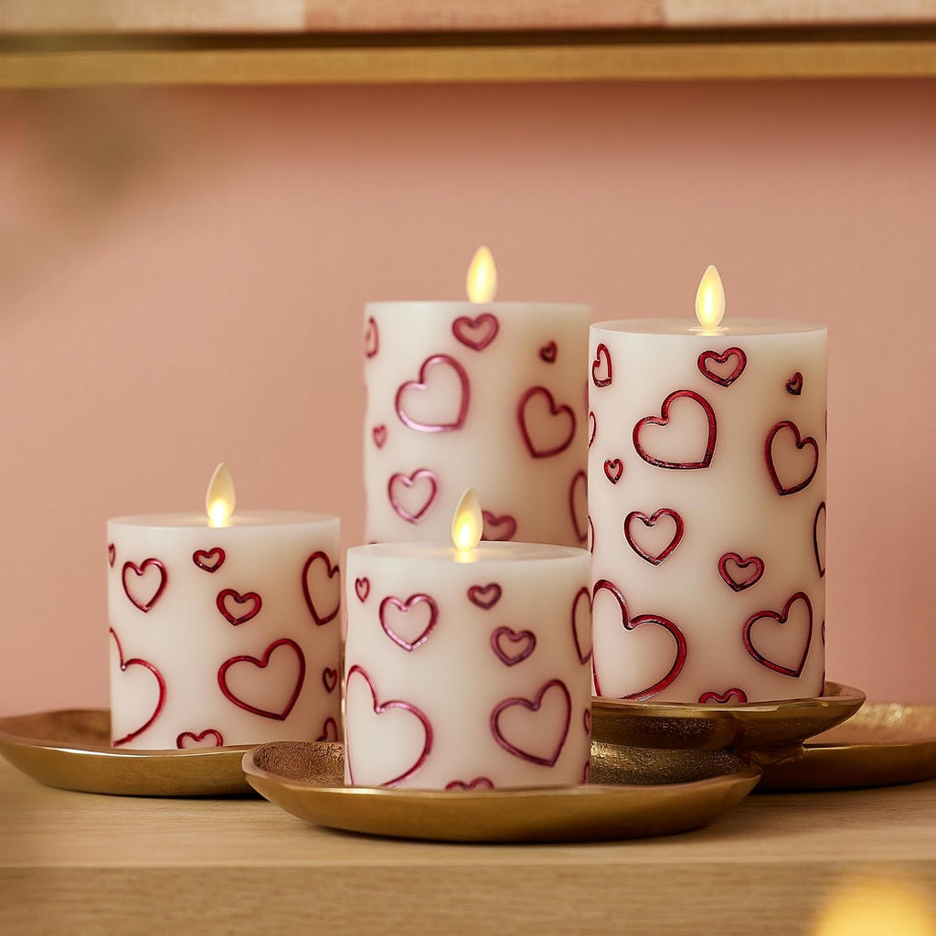 Luminara Debossed Hearts Pillar Candle Metallic Red - Patented Flickering Flameless Technology - Valentine's Day Collection - Remote Ready - 6.5"