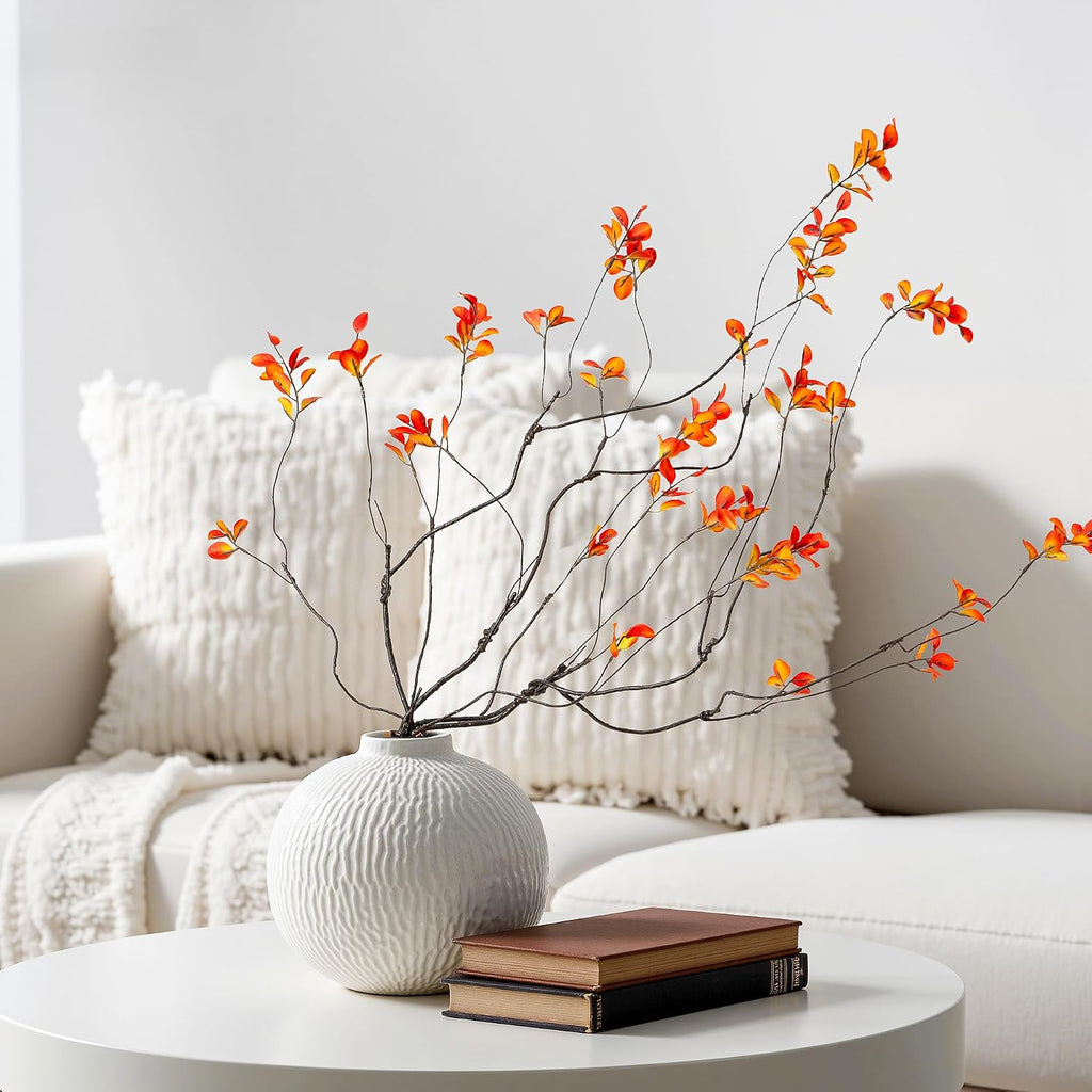 4PCS Artificial Orange Branches 35.4", Faux Fall Stems for Vase, Long Decorative Branches with Autumn Leaves, Bendable Orange Stems for Tall Vase Fall Decorations Home Decor