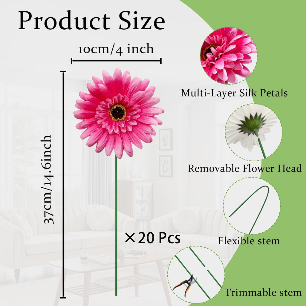 20 Pcs Fake Silk Gerbera Daisy Artificial Flowers with Stems Faux Daisies Flower Bulk for DIY Art Crafts Home Wedding Party Vase Centerpieces Tables Garland Wreath Decoration (Pink)