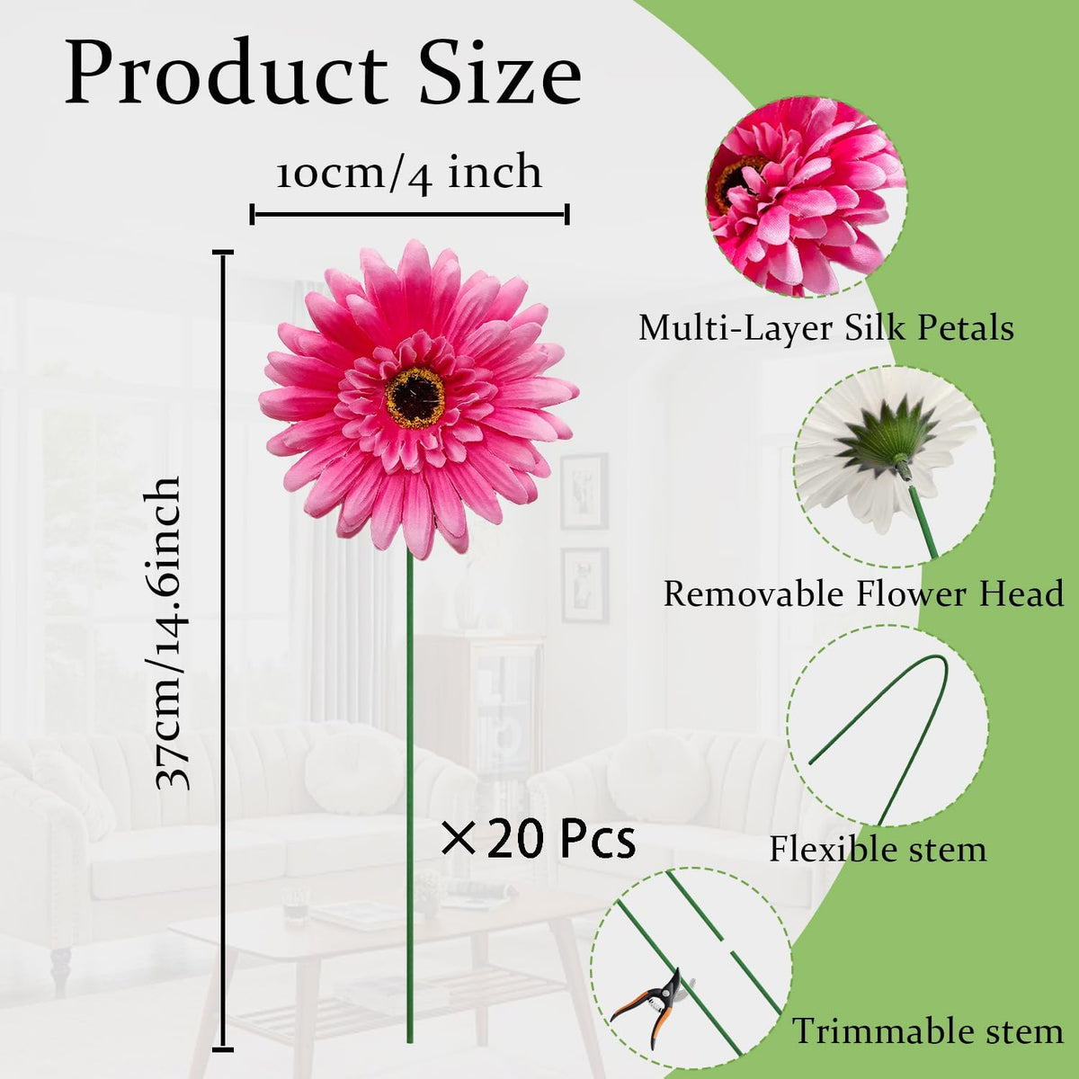 20 Pcs Fake Silk Gerbera Daisy Artificial Flowers with Stems Faux Daisies Flower Bulk for DIY Art Crafts Home Wedding Party Vase Centerpieces Tables Garland Wreath Decoration (Pink)