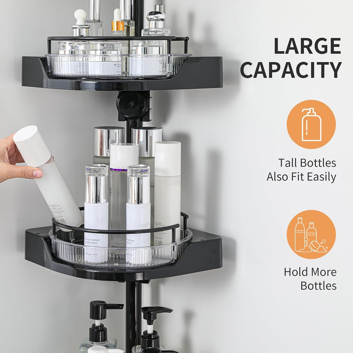 YCIA&DONE 360° Rotating Corner Shower Caddy Tension Pole, 3 Tiers Shower Organizer for Bathroom Shelf Bathtub, Adjustable Standing Shower Rack, Easily Assemble, 34-124 Inch Height, Black
