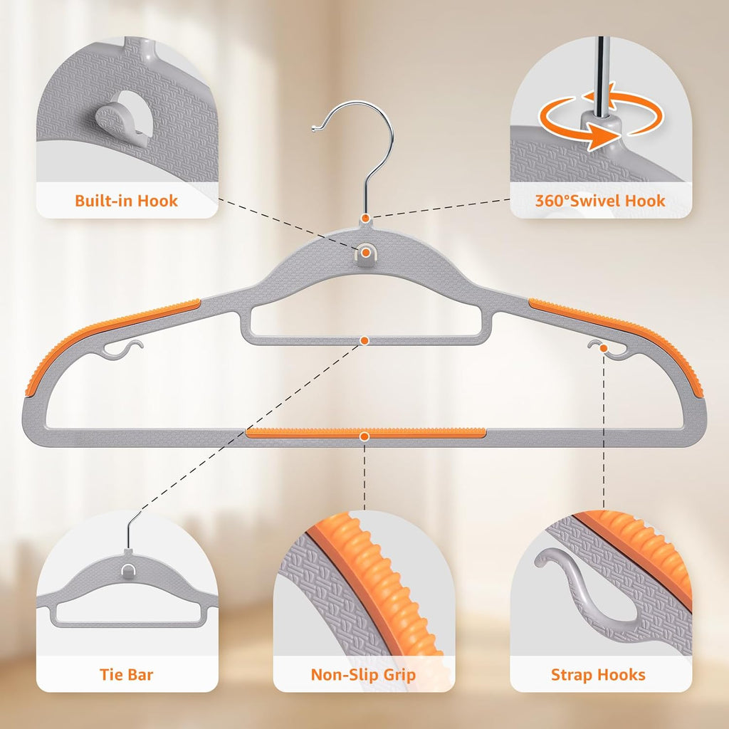 Yolife Cascading Plastic Clothes Hangers 20 Pack with Inner Hook for Vertical Storage, Slim Space Saving Hangers with Non-Slip Pads, 360° Swivel Metal Hook, Versatile, Gray & Orange