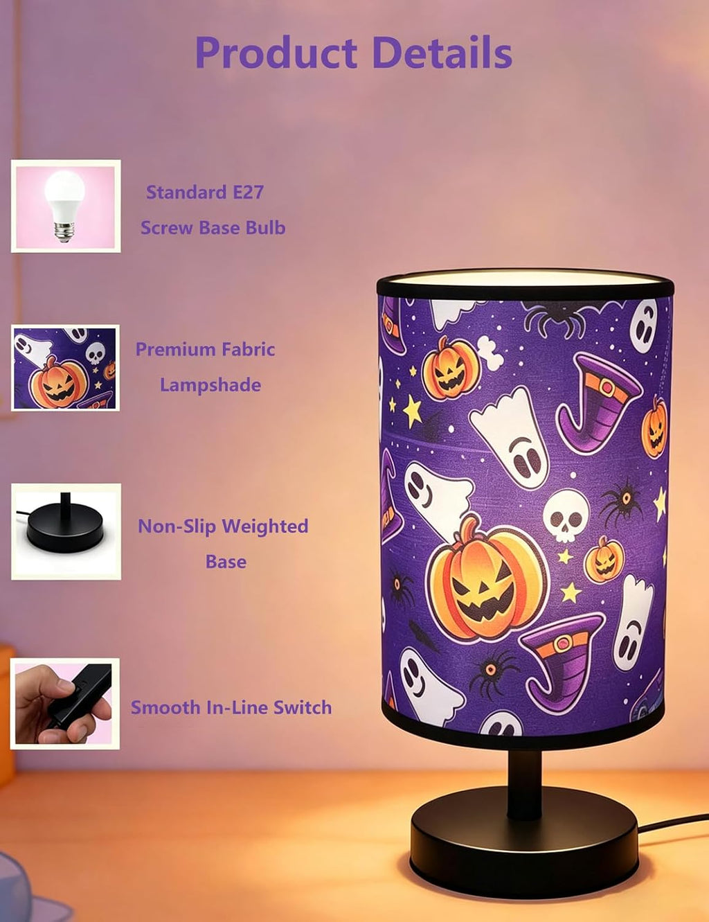 Halloween Pumpkin Witch Table Lamp 3 Color LED US Plug Night Light Decor