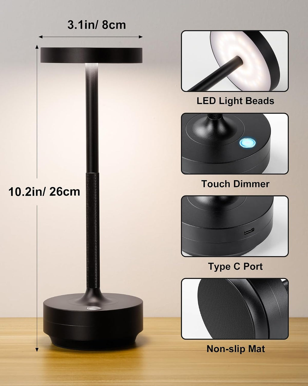 LED Cordless Lamp 5000mAh Outdoor Table Lights Rechargeable Black