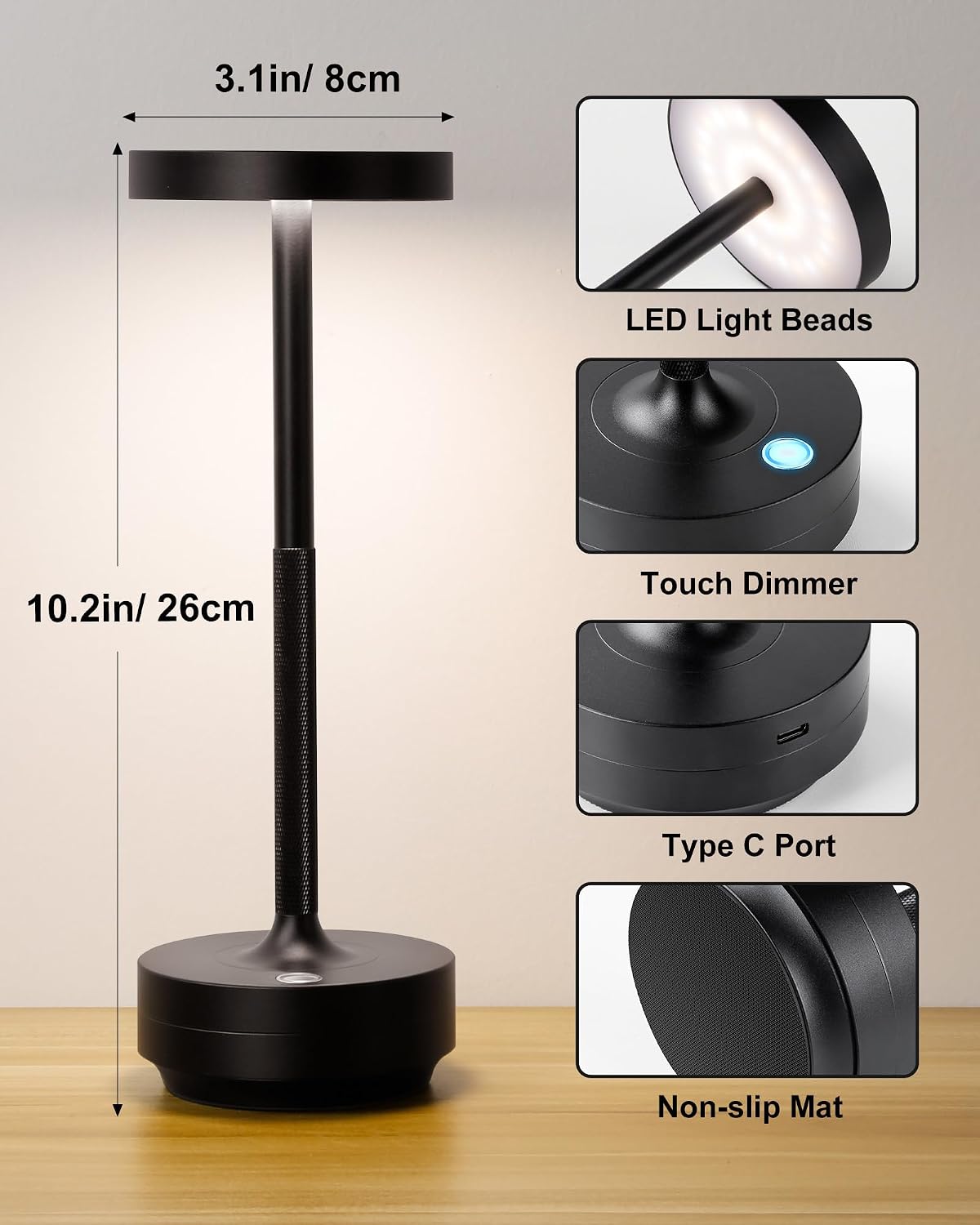 LED Cordless Lamp 5000mAh Outdoor Table Lights Rechargeable Black