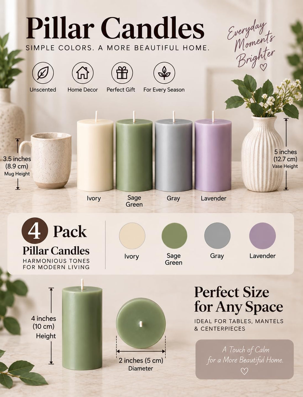 2×4 Inch Morandi Muted Neutral Pillar Candles for Home